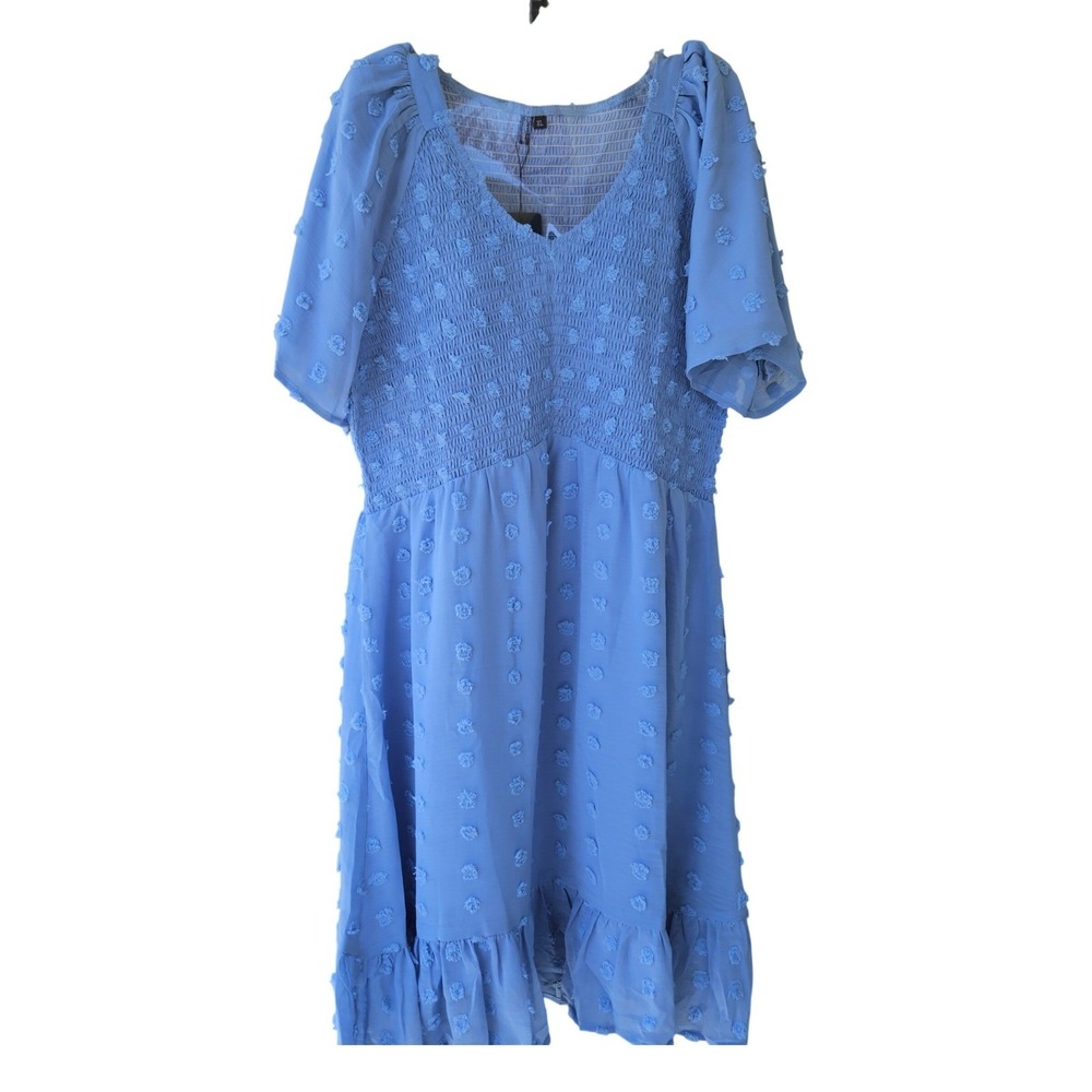 Zattcas Light Blue Swiss Dot Smocked V-Neck Ruffle Midi Dress XL New ZA287SSB
